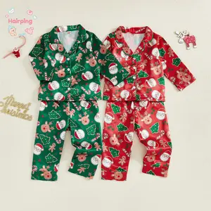 Little Toddler Christmas Pajama Set, Full Print Button Down Lapel V Neck Long Sleeve Tops and Pants, Casual Baby Girls Boys Set