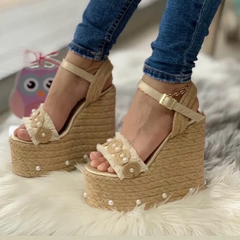 PAULA / Women's Colombian Jute Platform Wedge Sandals, 12cm Heel Height