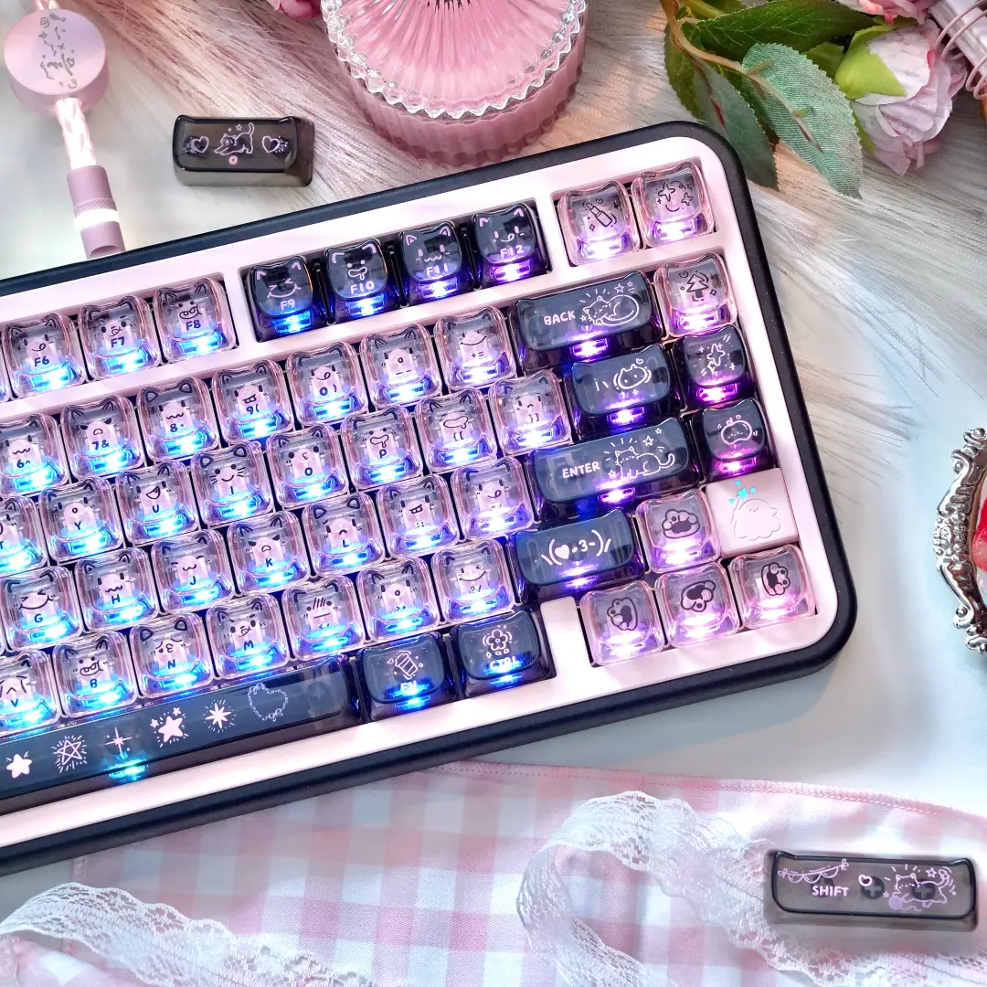 Maorbeng MAO Profile Mechanical Keyboard Keycaps Set, 113-Keys, Graffiti Art High-Strength PC, UV-Printed RGB Glow Cross Stem, Black-Pink Full Shine-Thru Print, for Gamers & Office Computer Accessories,techvibes
