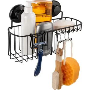 HASKO Shower Caddy Suction Cup Shower Shelf with Soap Dish and Hooks Organizer Suction Bathroom Shelf for Storage Wall Mounted Basket Black