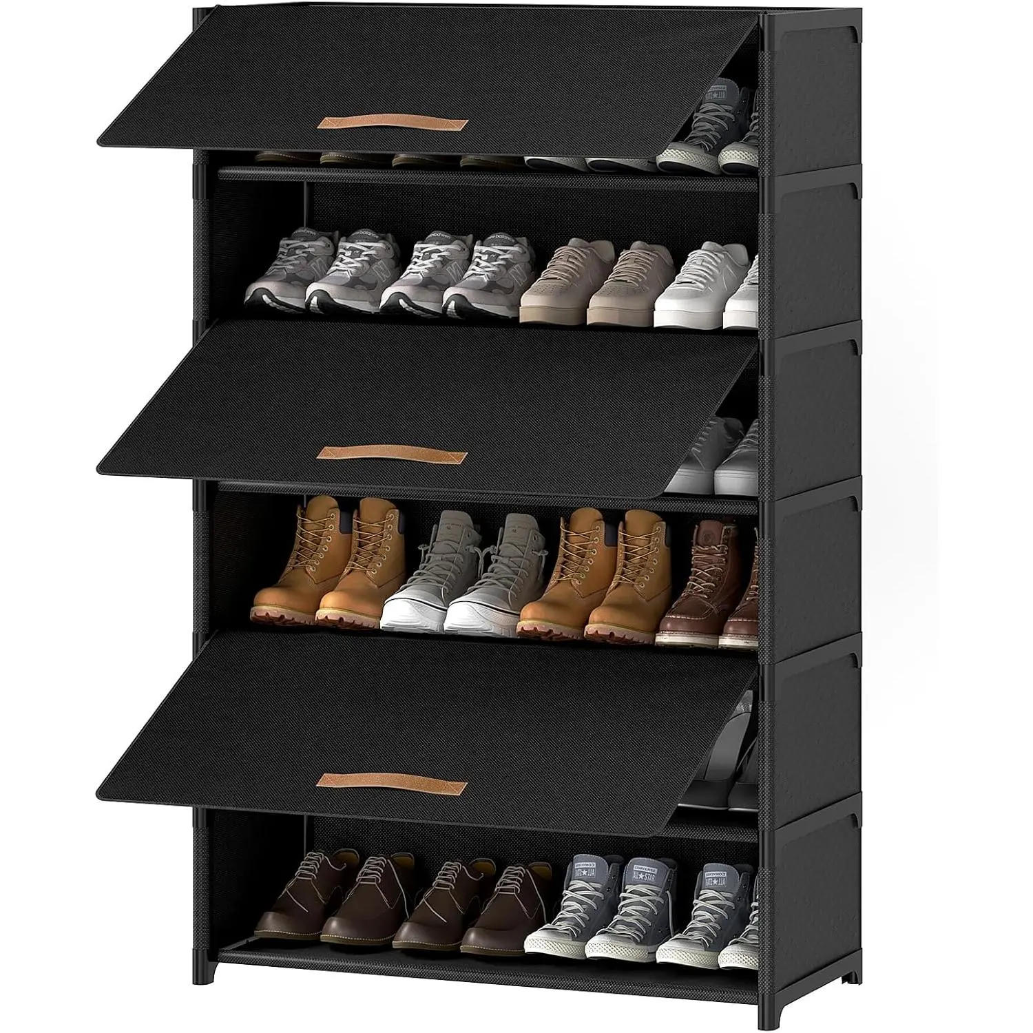 Shoe Rack, 7 Tier Shoe Storage Cabinet with Door 28 Pair Plastic Shoe Shelves Organizer for Closet, Entryway, Hallway, Bedroom, Black