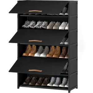 Shoe Rack, 7 Tier Shoe Storage Cabinet with Door 28 Pair Plastic Shoe Shelves Organizer for Closet, Entryway, Hallway, Bedroom, Black