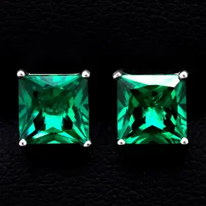 Square Cut Emerald Stud Earrings - 925 Silver