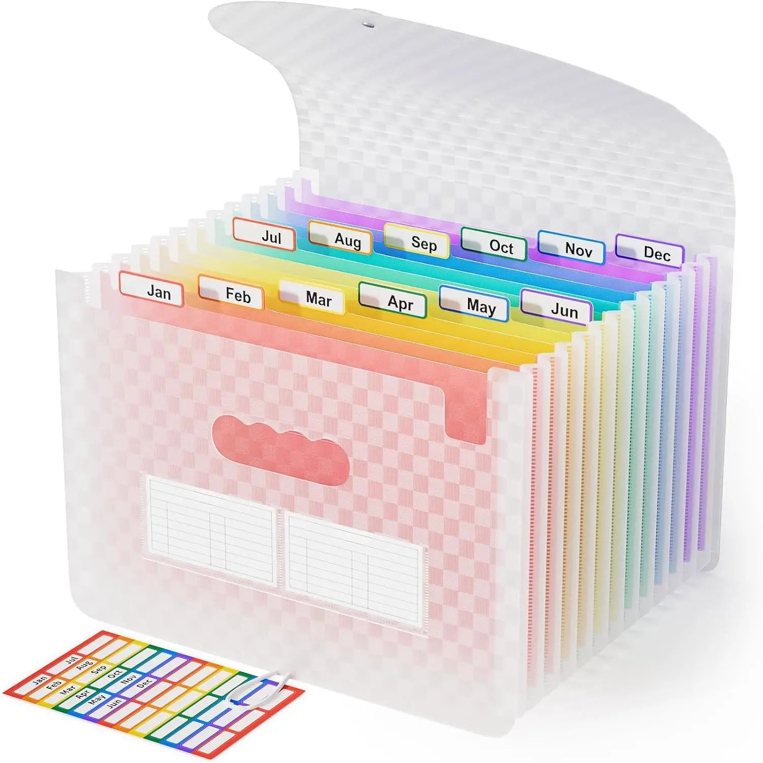 12 Pockets Accordion File Organizer Expanding File Folders, Portable Monthly Bill Receipt Document Organizer, Expandable Accordian Filing Folder Letter A4 Size, Colored Tabs (Pink)