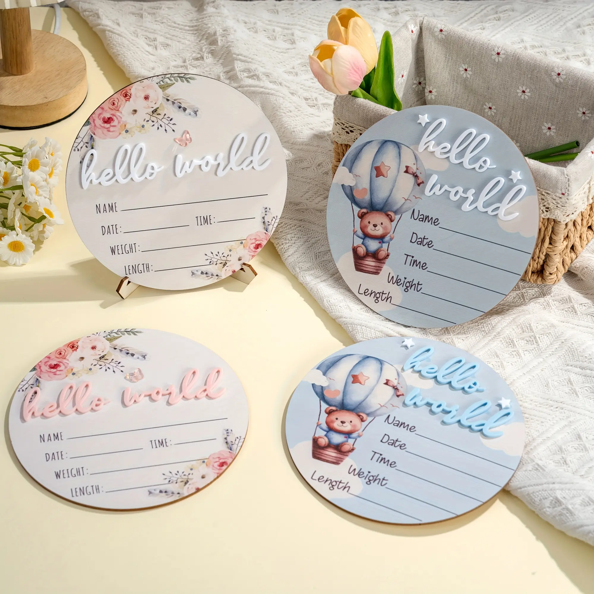 Circular 'hello World' Newborn Welcome Sign with Stand, Handmade Wooden Keepsake, Photo Plaque, Photography Prop, Baptism Gift, Baby Photo Display Rack, Home Decoration