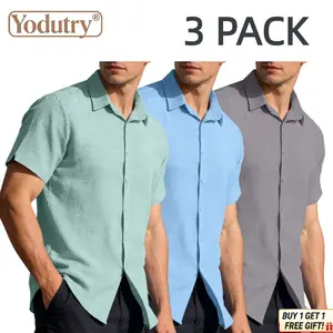 3PACK Men’s Short Sleeve Button Down Shirt – Solid Color Casual Hawaiian Style Collared Shirt Lightweight Summer Business Casual Top