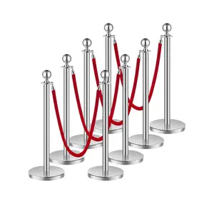 VEVOR Stanchions and Velvet Ropes 8Pcs, Hollow Base with Stainless Steel Post, 4 Red Velvet Ropes and Posts, Crowd Control Barriers Silver Stanchions, Red Carpet Runner Poles for Party Supplies
