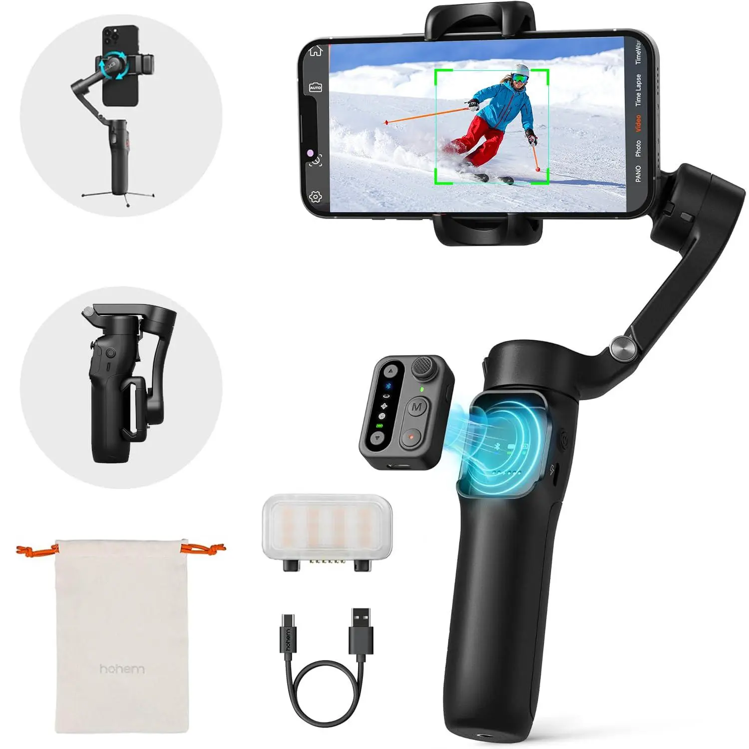 hohem iSteady X3 Gimbal Stabilizer for Smartphone,3-Axis Phone Gimbal with Magnetic Fill Light,Detachable Remote Control,Built-in Extendable Rod&Tripod for Travel/Vlog/TikTok - Black
