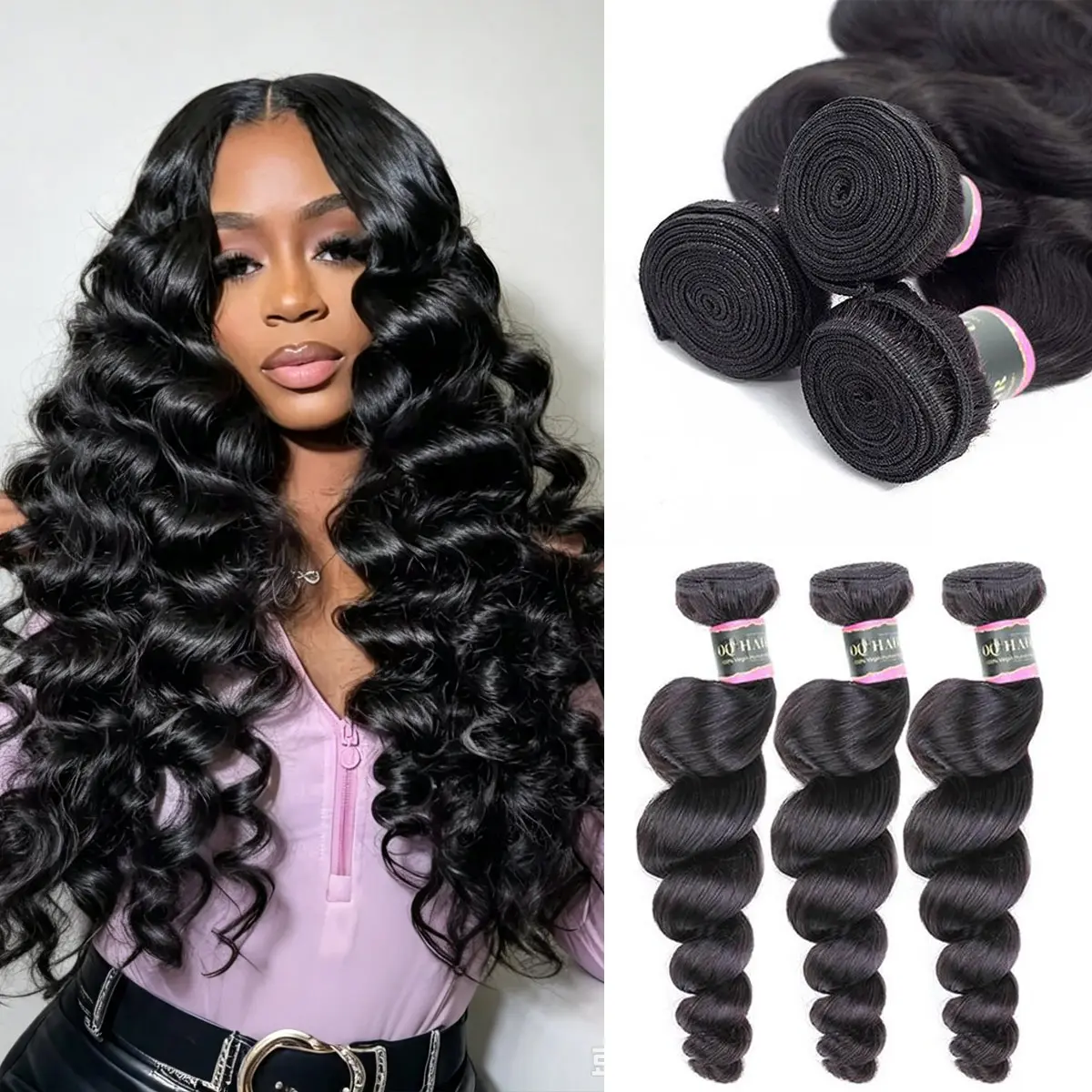 OQ HAIR Loose Wave Human Hair Bundles 100% Virgin Hair Weaving Double Weft Sew in Hair Extensions 3 4 Bundle Deals