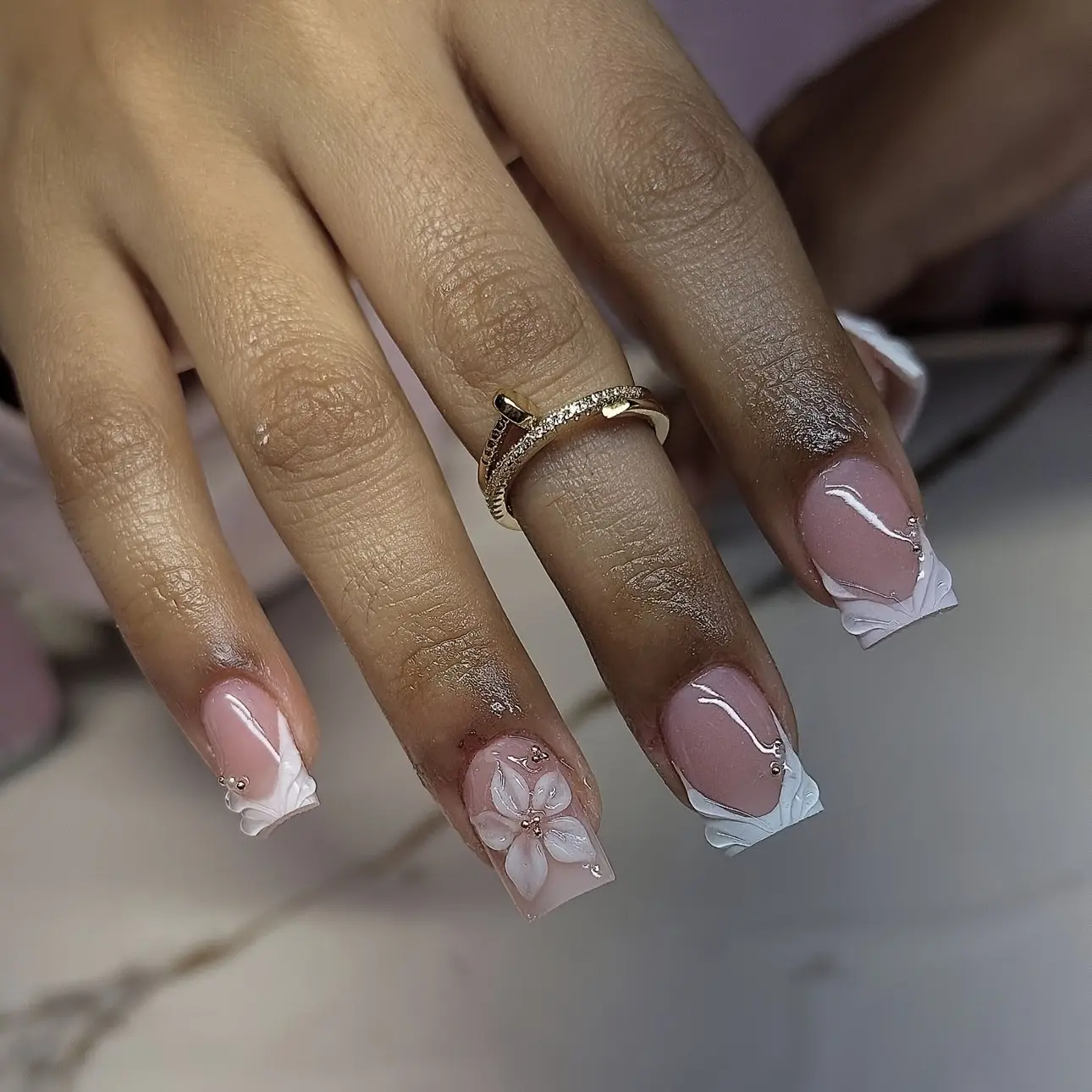 Half-Transparent Nude Short Square Nail Art, French Style Glossy