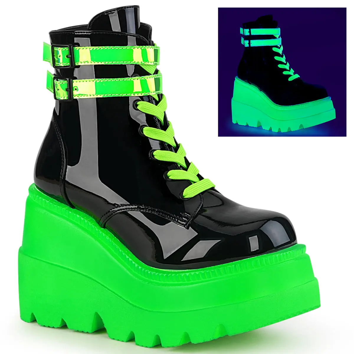 Demonia Shaker-52 Black Patent-UV Neon Green Ankle Boots Demonia Shaker-52 Black Patent-UV Neon Green Ankle Boots