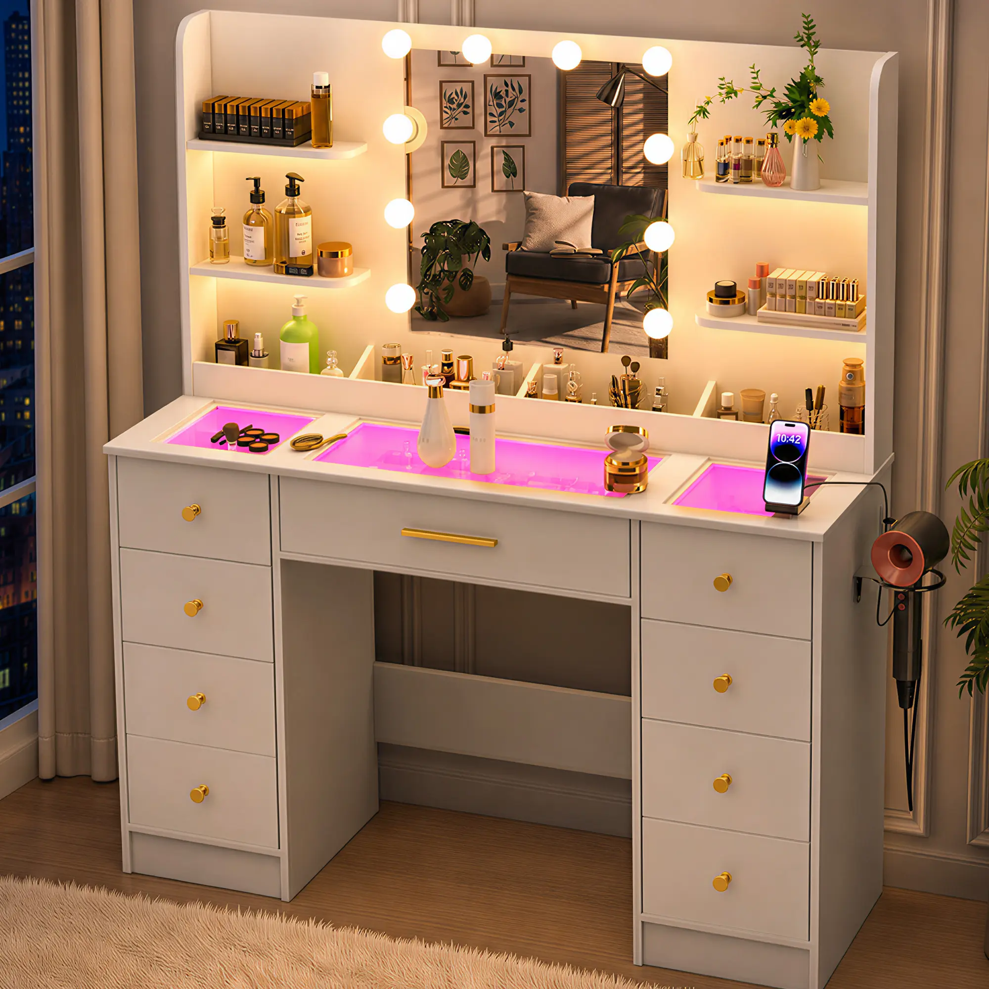 Vanity Desk with Mirror Lights 9 Drawers 3 Storage Shelves Transparent Top with RGB Drawers,3 Color Modes 10 LED Bulbs,Power Outlet, for Girls Bedroom,White
