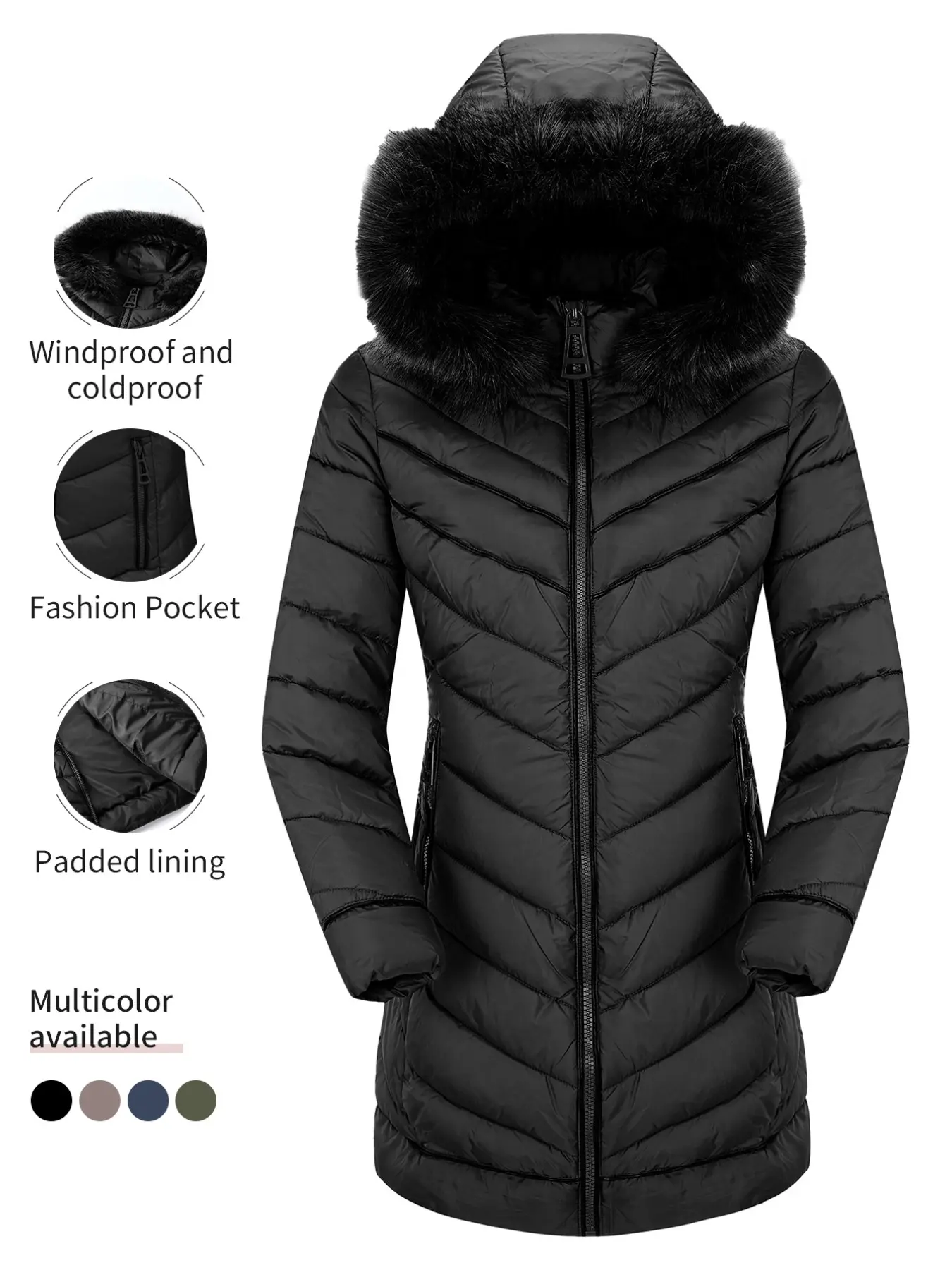 Women's Mid-Length Hooded Coat, Fall Winter Everyday Casual Slim Fit Jacket, Warm Faux Fur Collar Windproof Outerwear, Muslim Fashion Womenswear