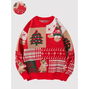 Men’s off-shoulder sweater pullover with Christmas tree and bear print, autumn–winter casual regular long-sleeve crewneck jumper, fashionable men’s knit sweater for everyday wear