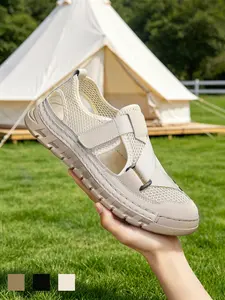 Men's Closed Toe Adjustable Sandals, Outdoor Sports Sandals, Breathable Hollow-Out Lightweight Non-Slip Rubber Toe Bumper Athletic Shoes Hook-and-Loop Flat Hiking Water Shoes Summer Khaki Black Mesh Fabric for Outdoor Camping Beach Big Size 11 12