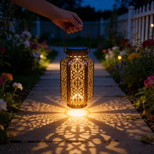 Vintage Solar Outdoor Hanging Lantern, Patio Hanging Lights, Metal Hollow LED Projection Lamp, Waterproof Moroccan Style Decorative Solar Light