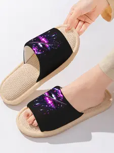 Purple Glow Drip Lip Print | Edgy Chic 1 Pair Linen Breathable Non-Slip Home Slippers For Trendy Girls (Spring Summer/Lounging)
