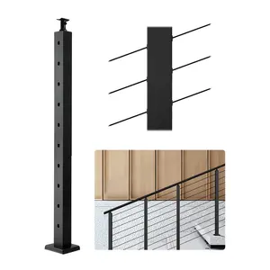 fathersdaygift VEVOR Cable Railing Post, 36x2x2 Inch Stair Railing Post, with Pre-Drilled 30 Angled Holes, Stainless Steel Cable Rail Post with Horizontal and Curved Bracket, 1-Pack, Black, 1JZLGZXHS914YIVIS001V0