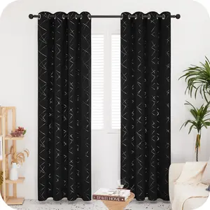 Deconovo Blackout Curtains Silver Parallel Slash Thermal Insulated Noise Reducing Privacy Drapes for Bedroom & Living Room Black Patterned Grommet Top