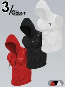Men's 3-Pack "BLESSED" Cross Print Sleeveless Hooded Gym Tank Tops, Minimalist Religious Streetwear Style, Quick-Dry Breathable Fabric, Drawstring Hood & Deep Armholes, Ideal for Gym Sessions, Casual Outings & Trendy Street Style, Perfect for Fitness Enth