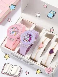 Cute Unicorn Theme Silicone Watch Set with Glowing Quartz Movement Watches, Heart Bracelet, Best Fun Birthday Gift for Kids, No Box Included
