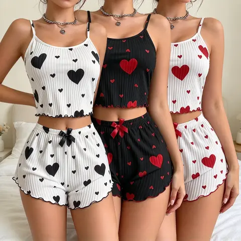 Women's 3PCS Heart Print Frill Trim Ribbed Pajama Set, Round Neck Backless Crop Cami Top & Shorts, Comfortable Relaxed Fit