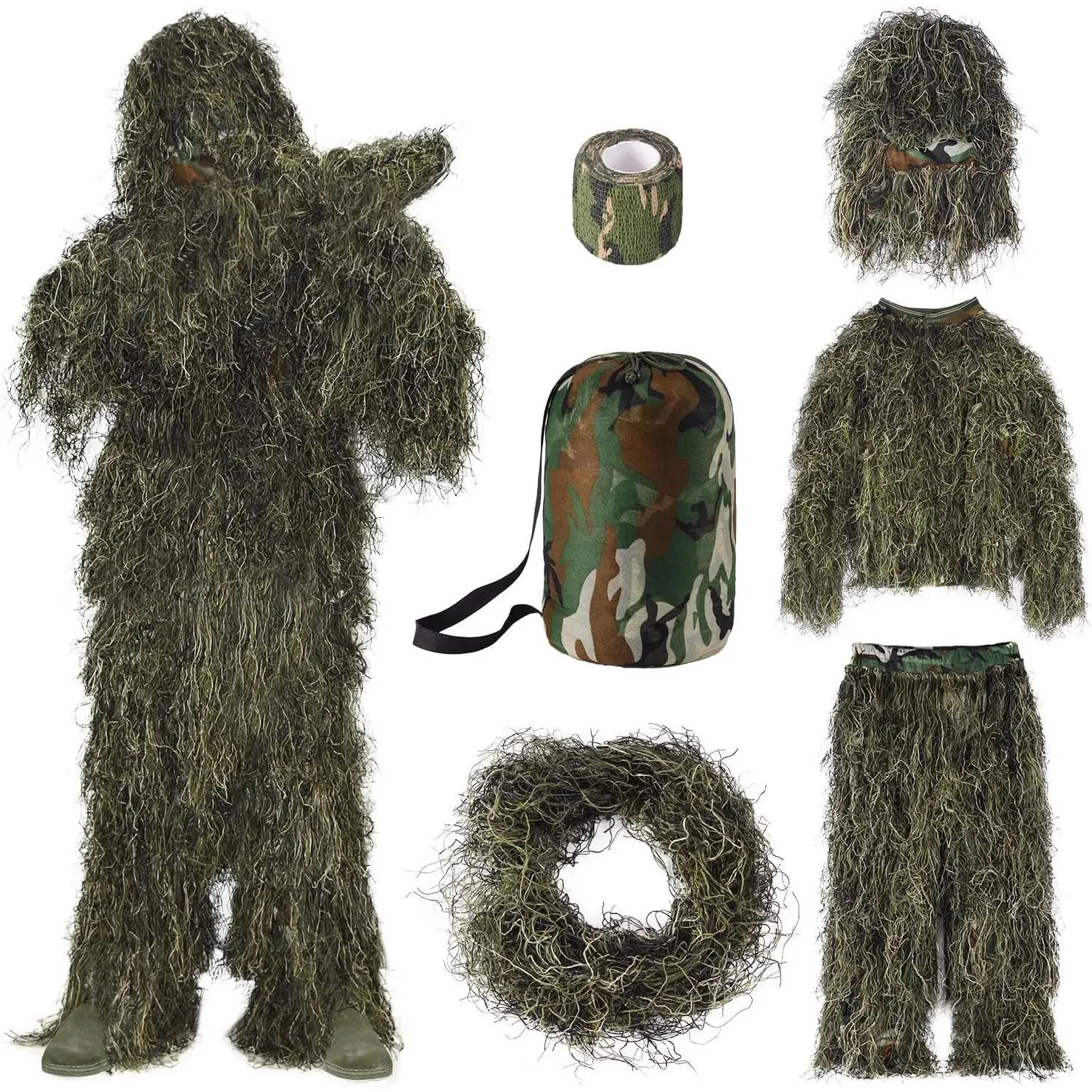 5 in 1 Ghillie Suit - 3D Camouflage Hunting Suits - Jacket, Pants, Hood, Carry Bag for Adults & Youth, M/L/XL/XXL