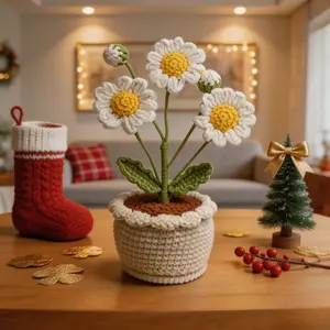 Knitted Sunflower Daisy Potted Plants, Artificial Crochet Hand-Woven Flowers Suitable for Home Room, Table, Office Ornaments and Birthday Gifts Suitable for Family and Friends Anniversary
