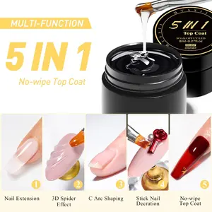 Mtssii 5 in 1 No-Wipe Top Coat Gel for Nail Extensions, 3D Nail Art Painting, C Arc Shaping, Adheres Nail Decorations, Versatile Gel Polish, Top Gloss - 0.27 Oz