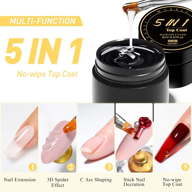 Mtssii 5 in 1 No-Wipe Top Coat Gel, Gel Topcoat, UV LED Gel, UV Nail Gel for Nail Extensions, 3D Nail Art Painting, C Arc Shaping, Adheres Nail Decorations, Versatile Gel Polish, Glossy Gel, Top Gloss - 0.27 Oz