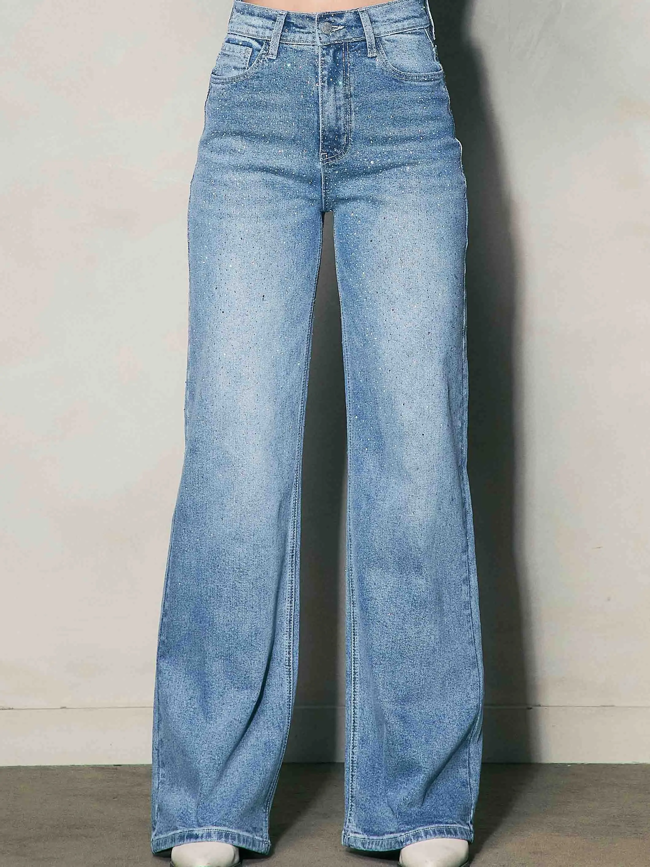 [XPT302-R] Iridescent Rhinestone High-Rise Wide Leg Jeans