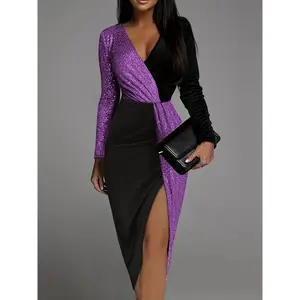 Purple & Black Sequin Midi Dress - V-Neck w/ High-Low Hem & Long Sleeves | Stretch Polyester Formal Gown