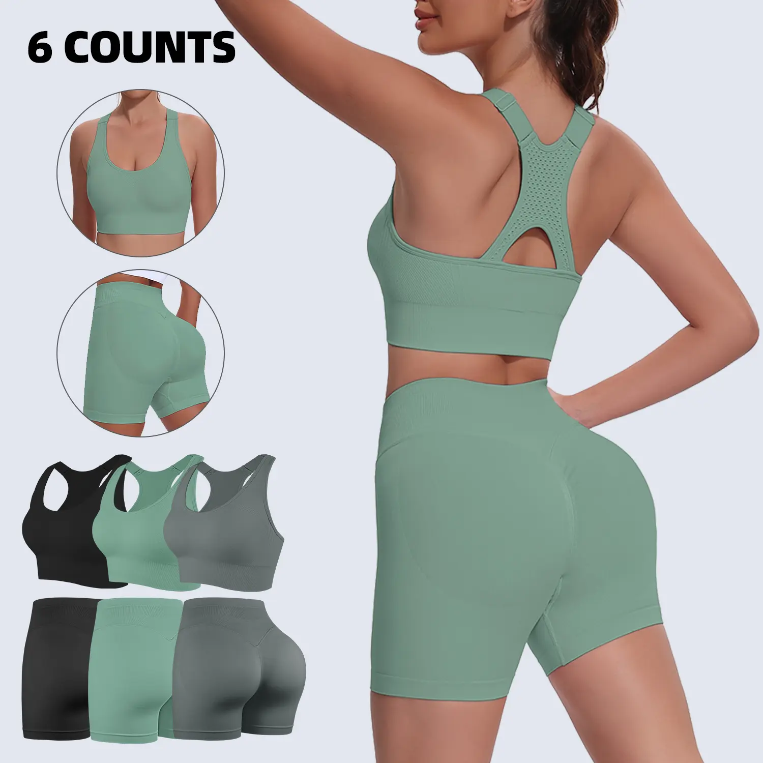 CHRLEISURE 6 Counts Seamless Workout Sets for Women Adjustable Sports Bras High Support Padded Racerback High Waisted Biker Shorts BBL for Workout Running Gym Activewear shorts sets for women