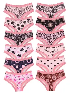 12-Pack Women's Comfortable Lace Patchwork Panties, Mid-Waist Design, Slim-Fitting Triangle Underwear, All Season Wear, Sexy Style