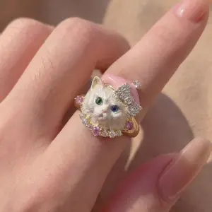 Cute Cat Ring With Brushed Finish，Natural Alloy Adjustable Open Band，Unisex Pet Style Jewelry for Daily Wear And Girlfriend Gifts