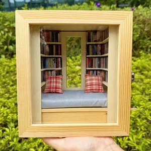 Mini Library Bookshelf Model DIY Micro Landscape Study Room Wooden Simulation Handmade Wood Craft Modern Simple Design