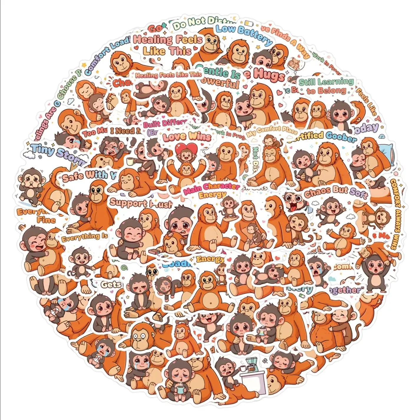 Punch The Monkey 100PCS Emotional Support Stickers Cute Kawaii Monkey Stickers Pack, Mental Health & Mood Vinyl Stickers for Laptop, Water Bottle, Journal, Phone Case