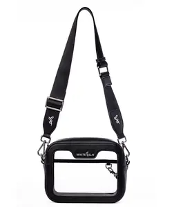 White Elm Bexley Clear Crossbody Bag - Black, Compact Design, Adjustable Strap, Versatile Use, Vegan Microfiber Leather, Gold Hardware, Secure Zipper Closure, Embossed Logo, Slip Pocket, Detachable Key Leash - Wallet Sling