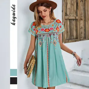 2025 Women Mexican Embroidered Dress Short Sleeve