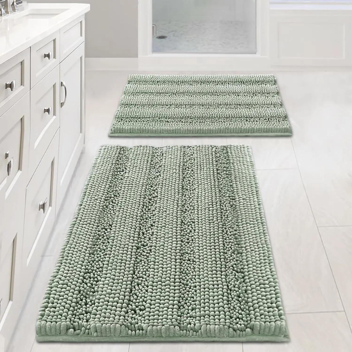 Minimalist Sage Rectangle Plush Chenille Striped Nonslip Bathroom Rug Set - Extra Thick, Soft Shaggy, Absorbent Home Supplies Indoor Bath Mats for Tub