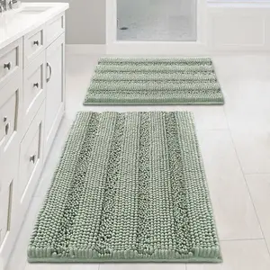 Sage Bathroom Rug Set of 2, Extra Thick Chenille Striped Bath Mats, Soft Shaggy & Absorbent, Non-Slip Bathroom Floor Rugs