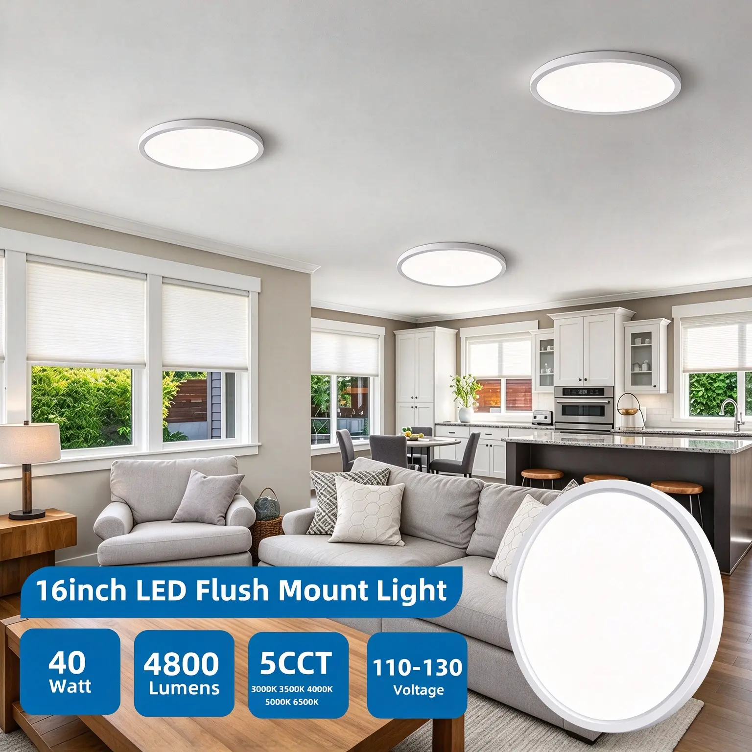 SEURON Dimmable Ceiling Light - 16-in Diameter 0.9-in Thickness Bright LED Recessed Lamp, 5CCT Adjustable (3000/4000/4500/5000/6000K), 40W 4800 Lumens, 80+ CRI, 110-130V ABS Fireproof Flush Mount, Safe Durable, Easy Installation, Ideal for Home Spaces