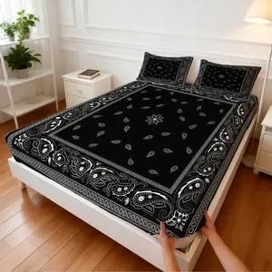 3Pcs American Streetwear Paisley Fitted Sheet Set, Classic Bandana Motif, Snug Fit Non-slip No Shifting, Ideal for Independence Day Retro Themed Bedroom Setup