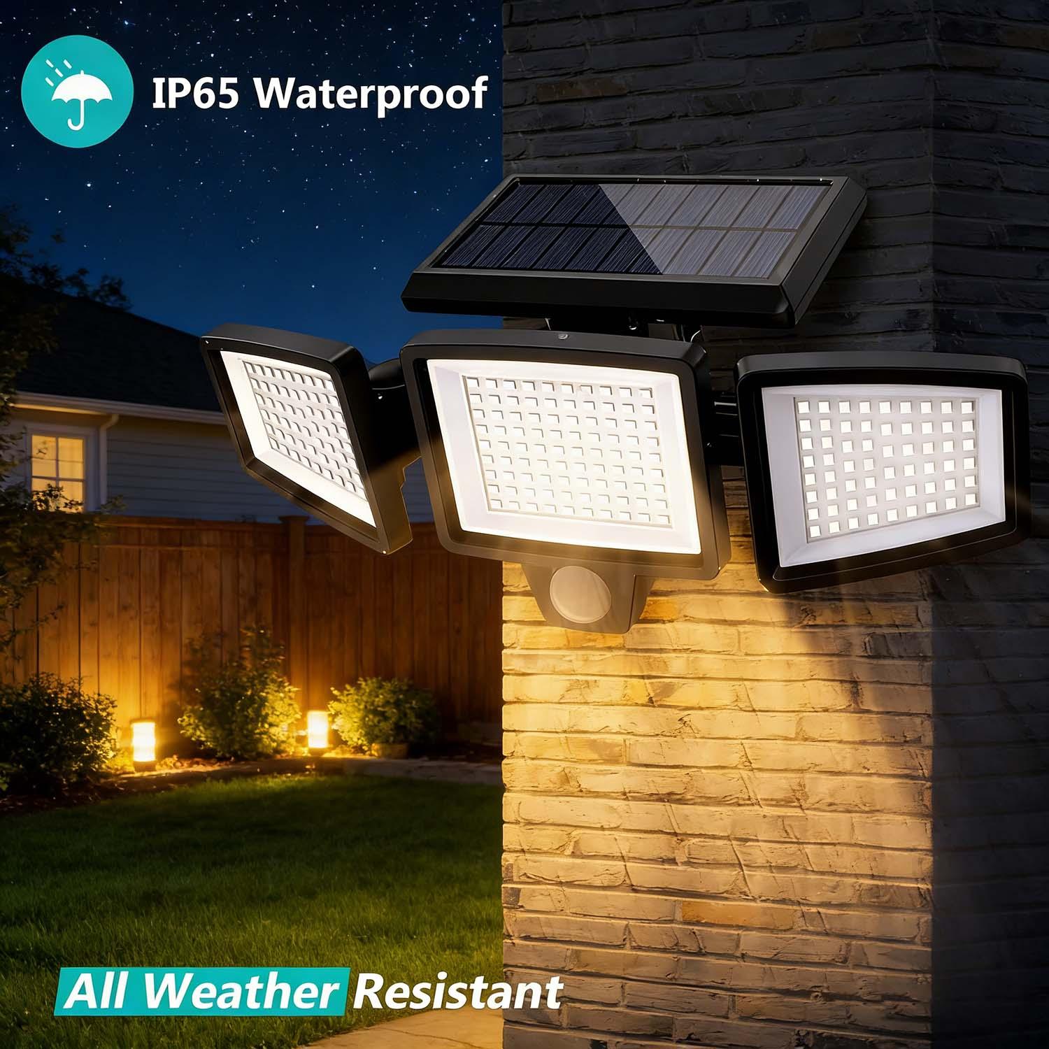 Solar Outdoor Security Lights 2500LM 210LED with Remote Control, 3-Heads Motion Sensor Flood Lights, 270° Wide Angle Lighting, IP65 Waterproof, 3 Lighting Modes Wall Lights for Yard Garage Patio Pathway