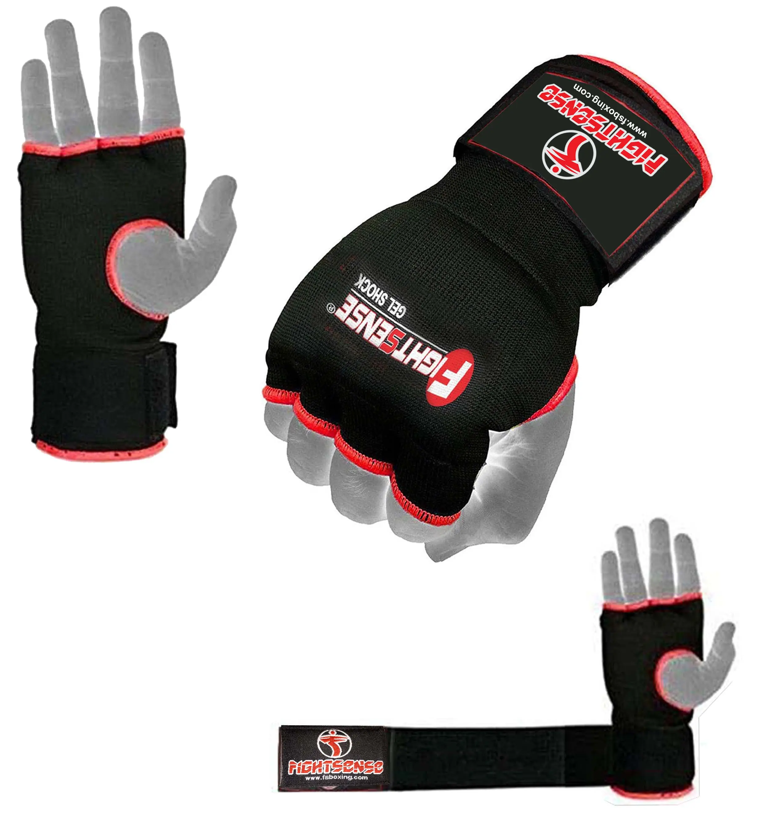 FIGHTSENSE Padded Gel Inner Boxing Gloves for Men and Women with Long Elasticated Hand Wraps for Punching, Boxing, MMA, Muay Thai, Kickboxing and Martial Arts Training (Pair Red & Black)