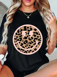 100% Cotton Leopard Smile Face Shirt Lightning Bolt Eyes Happy Face T-Shirt
