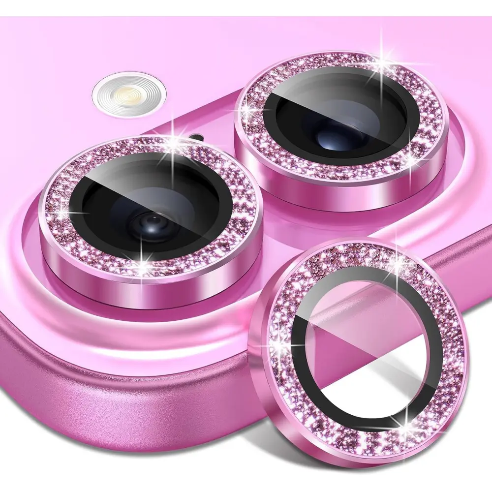 Fashion for iPhone 16 Plus Camera Lens Protector Glitter - for iPhone 16 9H Anti-Scratch Tempered Glass with Aluminum Edging, Cute Girly Metal Individual Bling Ring Cover for Women, Pink