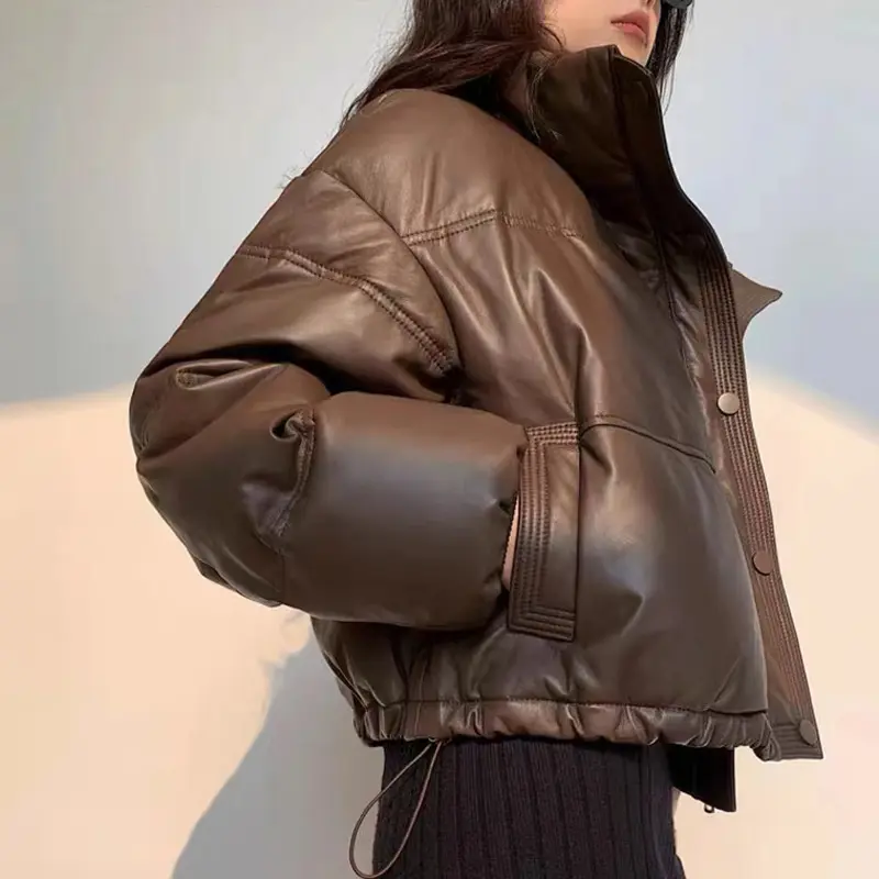 Women Leather Down Jacket Winter 2025 High End Genuine Sheepskin Down Coat Outdoor Thicked Warm Short Puffer Jacket Streetwear