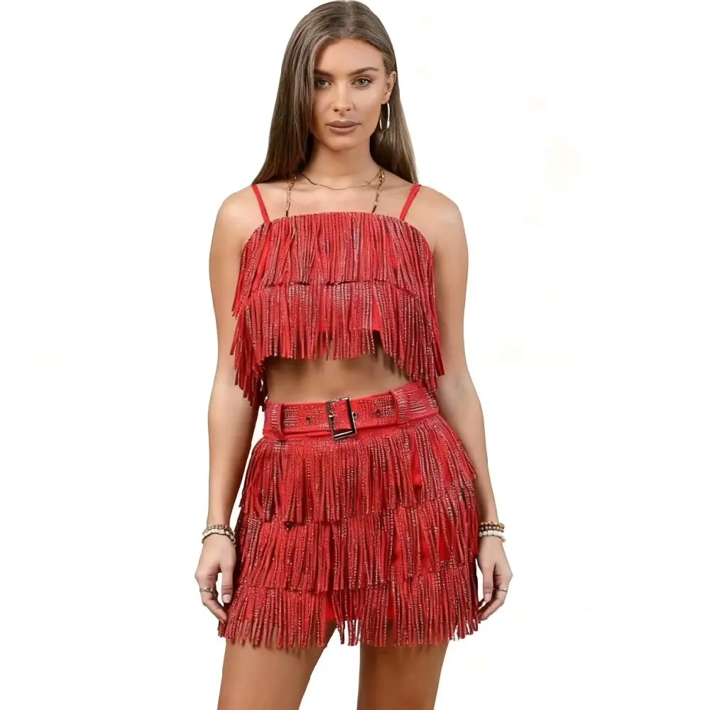Red Fringe Party Set for Women – Spaghetti Strap Top + Mini Skirt with Belt