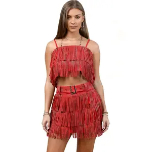 Red Fringe Party Set for Women – Spaghetti Strap Top + Mini Skirt with Belt